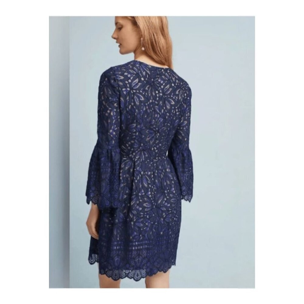 ELIZA J Reverie Navy Blue Nude Lined Lace Dress Bell Sleeves Fit Flare Size 8 - Picture 3 of 16